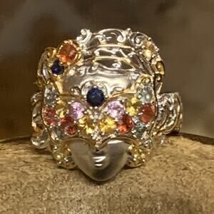 Gems En Vogue Ring Size 9 Mardi Gra Mask Women Sterling Silver w/ Multi Color Ge